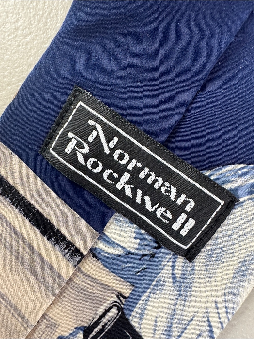 Vintage Norman Rockwell People Novelty Print Silk Navy Patterned Necktie - Picture 8 of 14
